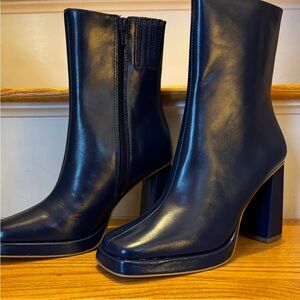 Elegant Leather Navy Blue Women's Ankle Boots